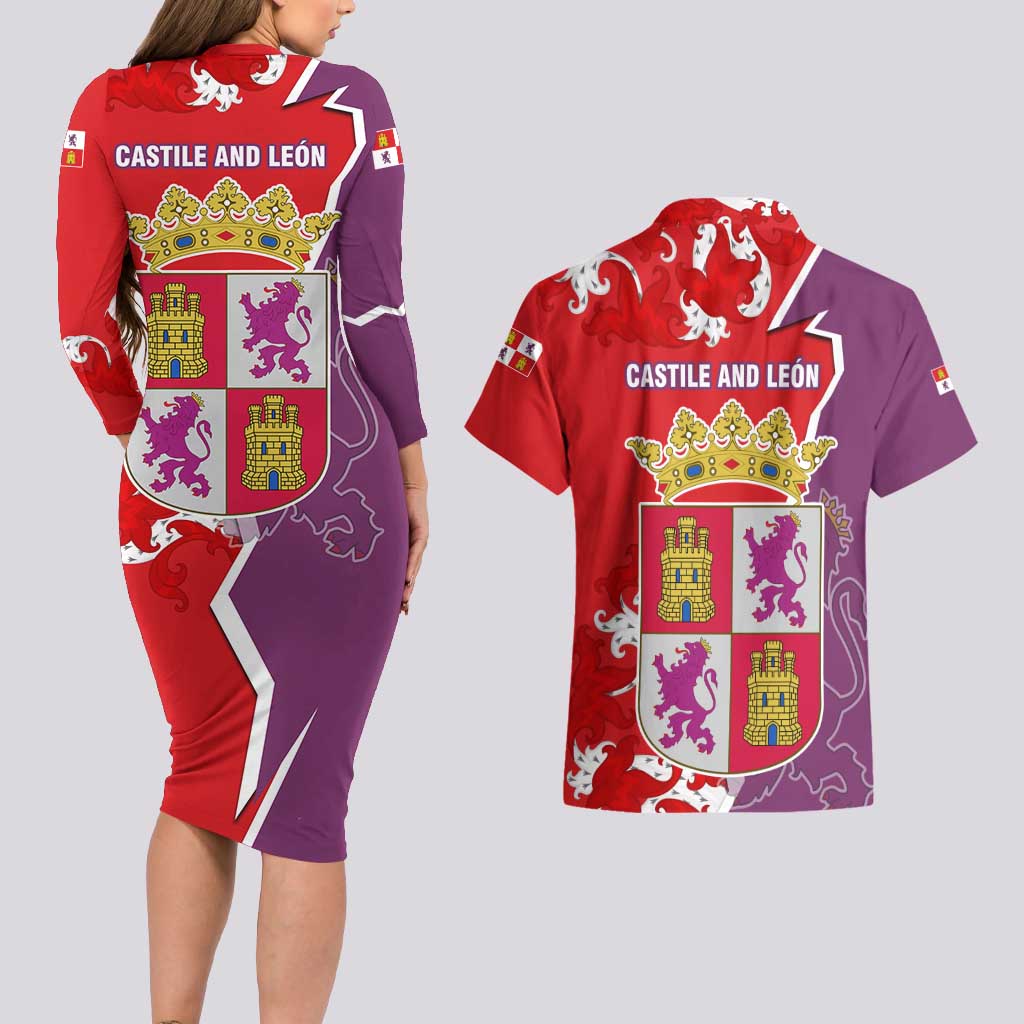 Castile and León Flag Couples Matching Long Sleeve Bodycon Dress and Hawaiian Shirt Autonomous Community of Spain - Wonder Print Shop