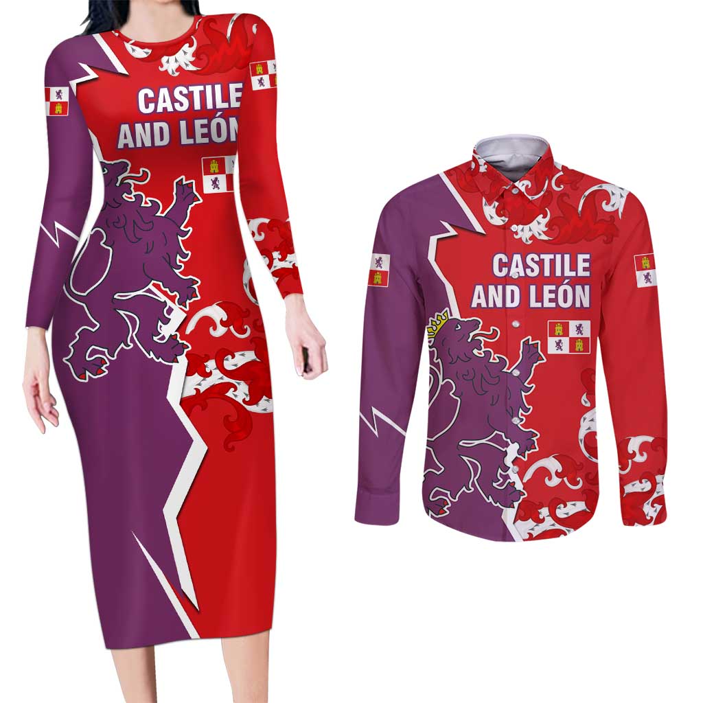 Castile and León Flag Couples Matching Long Sleeve Bodycon Dress and Long Sleeve Button Shirt Autonomous Community of Spain - Wonder Print Shop