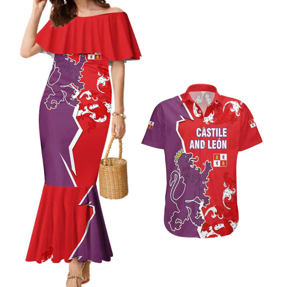 Castile and León Flag Couples Matching Mermaid Dress and Hawaiian Shirt Autonomous Community of Spain - Wonder Print Shop