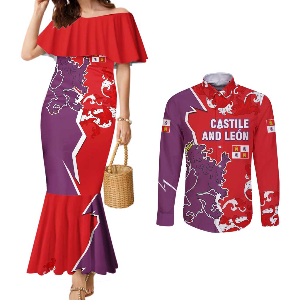 Castile and León Flag Couples Matching Mermaid Dress and Long Sleeve Button Shirt Autonomous Community of Spain - Wonder Print Shop