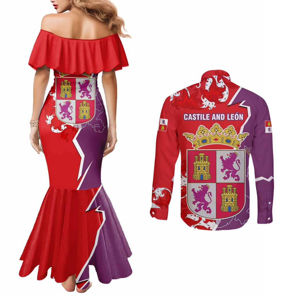 Castile and León Flag Couples Matching Mermaid Dress and Long Sleeve Button Shirt Autonomous Community of Spain - Wonder Print Shop