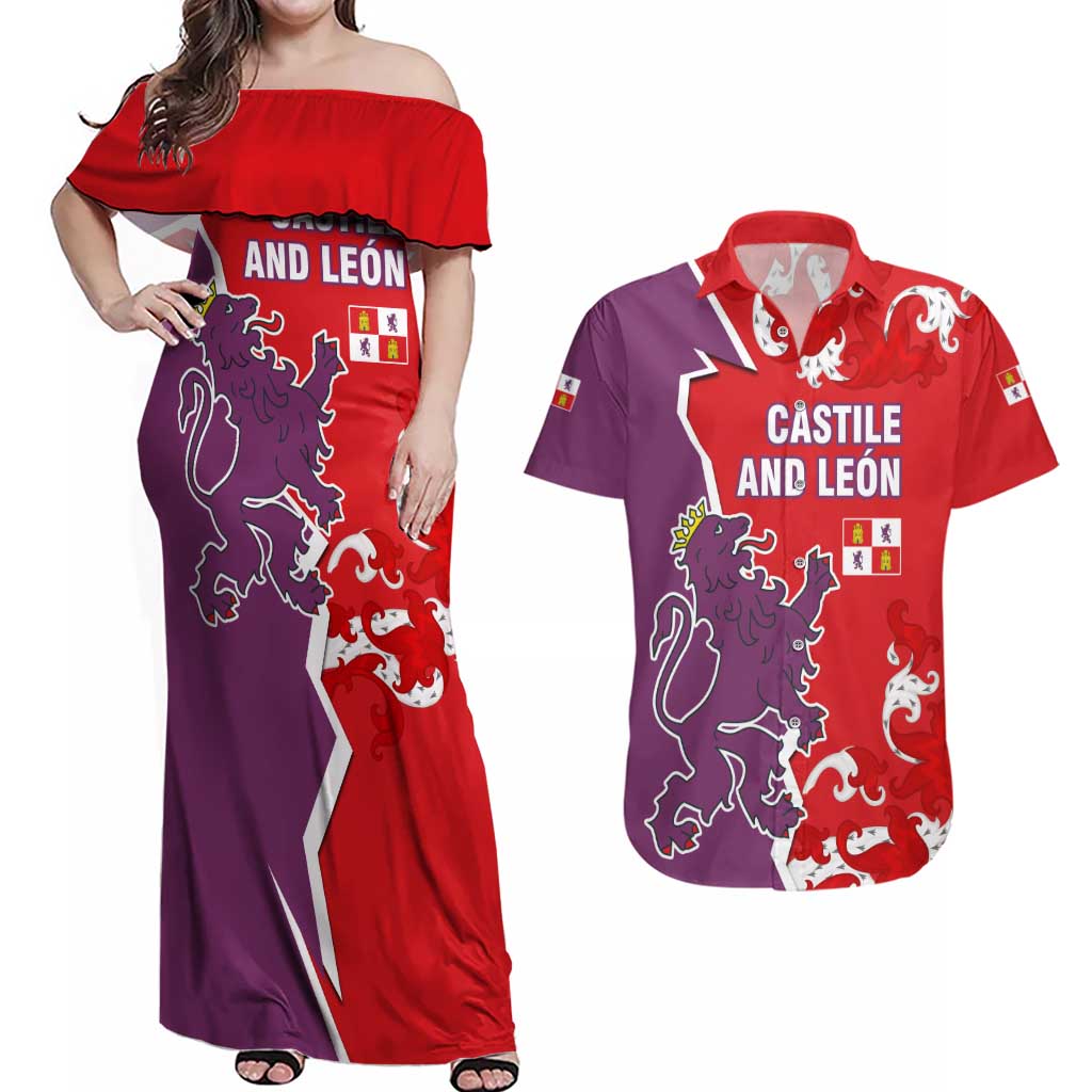 Castile and León Flag Couples Matching Off Shoulder Maxi Dress and Hawaiian Shirt Autonomous Community of Spain - Wonder Print Shop