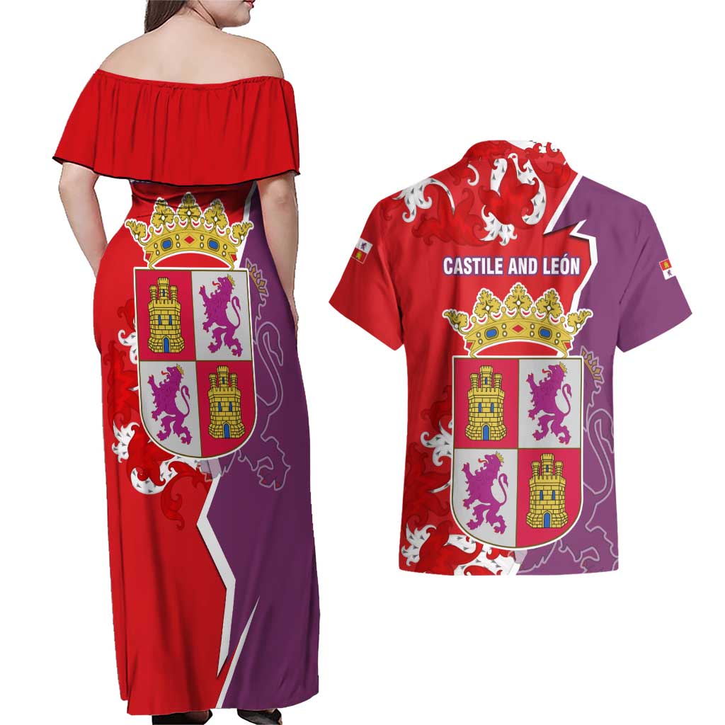 Castile and León Flag Couples Matching Off Shoulder Maxi Dress and Hawaiian Shirt Autonomous Community of Spain - Wonder Print Shop