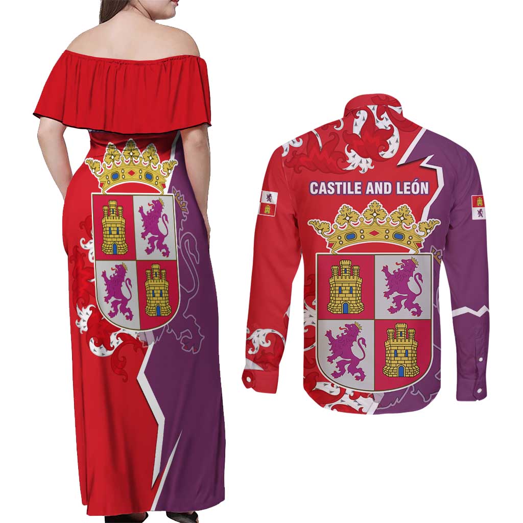 Castile and León Flag Couples Matching Off Shoulder Maxi Dress and Long Sleeve Button Shirt Autonomous Community of Spain - Wonder Print Shop