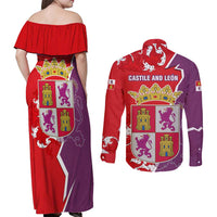 Castile and León Flag Couples Matching Off Shoulder Maxi Dress and Long Sleeve Button Shirt Autonomous Community of Spain - Wonder Print Shop