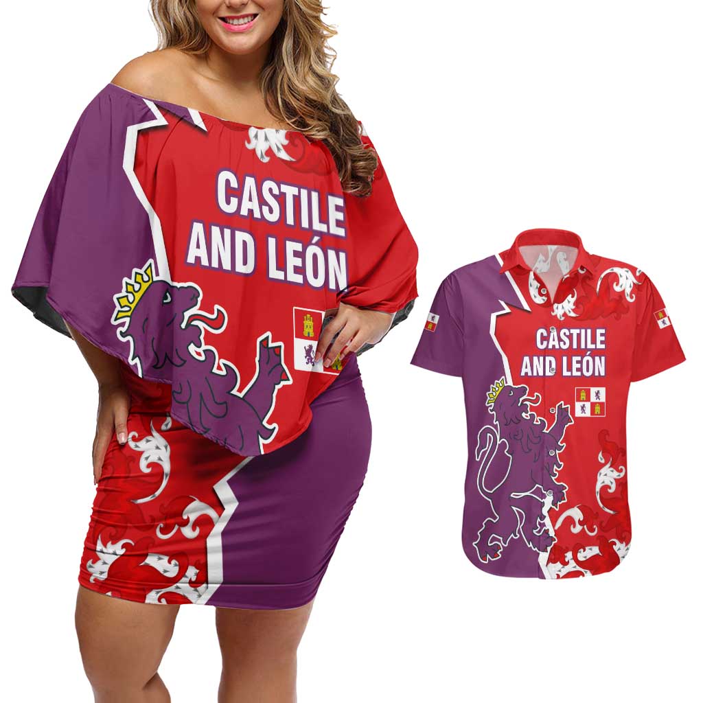 Castile and León Flag Couples Matching Off Shoulder Short Dress and Hawaiian Shirt Autonomous Community of Spain - Wonder Print Shop