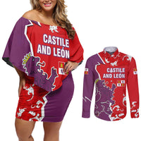Castile and León Flag Couples Matching Off Shoulder Short Dress and Long Sleeve Button Shirt Autonomous Community of Spain - Wonder Print Shop