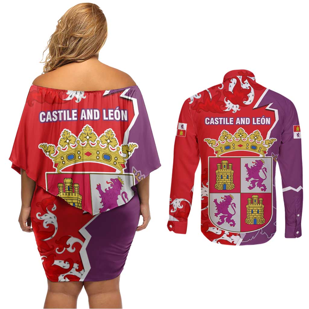 Castile and León Flag Couples Matching Off Shoulder Short Dress and Long Sleeve Button Shirt Autonomous Community of Spain - Wonder Print Shop