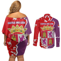 Castile and León Flag Couples Matching Off Shoulder Short Dress and Long Sleeve Button Shirt Autonomous Community of Spain - Wonder Print Shop