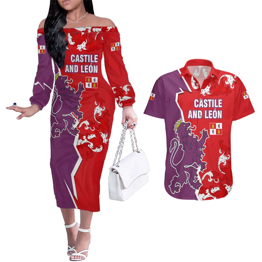 Castile and León Flag Couples Matching Off The Shoulder Long Sleeve Dress and Hawaiian Shirt Autonomous Community of Spain - Wonder Print Shop