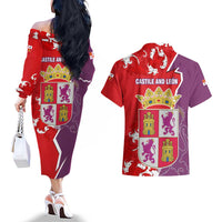 Castile and León Flag Couples Matching Off The Shoulder Long Sleeve Dress and Hawaiian Shirt Autonomous Community of Spain - Wonder Print Shop