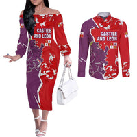 Castile and León Flag Couples Matching Off The Shoulder Long Sleeve Dress and Long Sleeve Button Shirt Autonomous Community of Spain - Wonder Print Shop