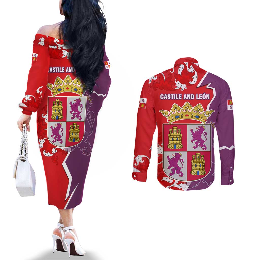 Castile and León Flag Couples Matching Off The Shoulder Long Sleeve Dress and Long Sleeve Button Shirt Autonomous Community of Spain - Wonder Print Shop