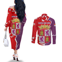 Castile and León Flag Couples Matching Off The Shoulder Long Sleeve Dress and Long Sleeve Button Shirt Autonomous Community of Spain - Wonder Print Shop