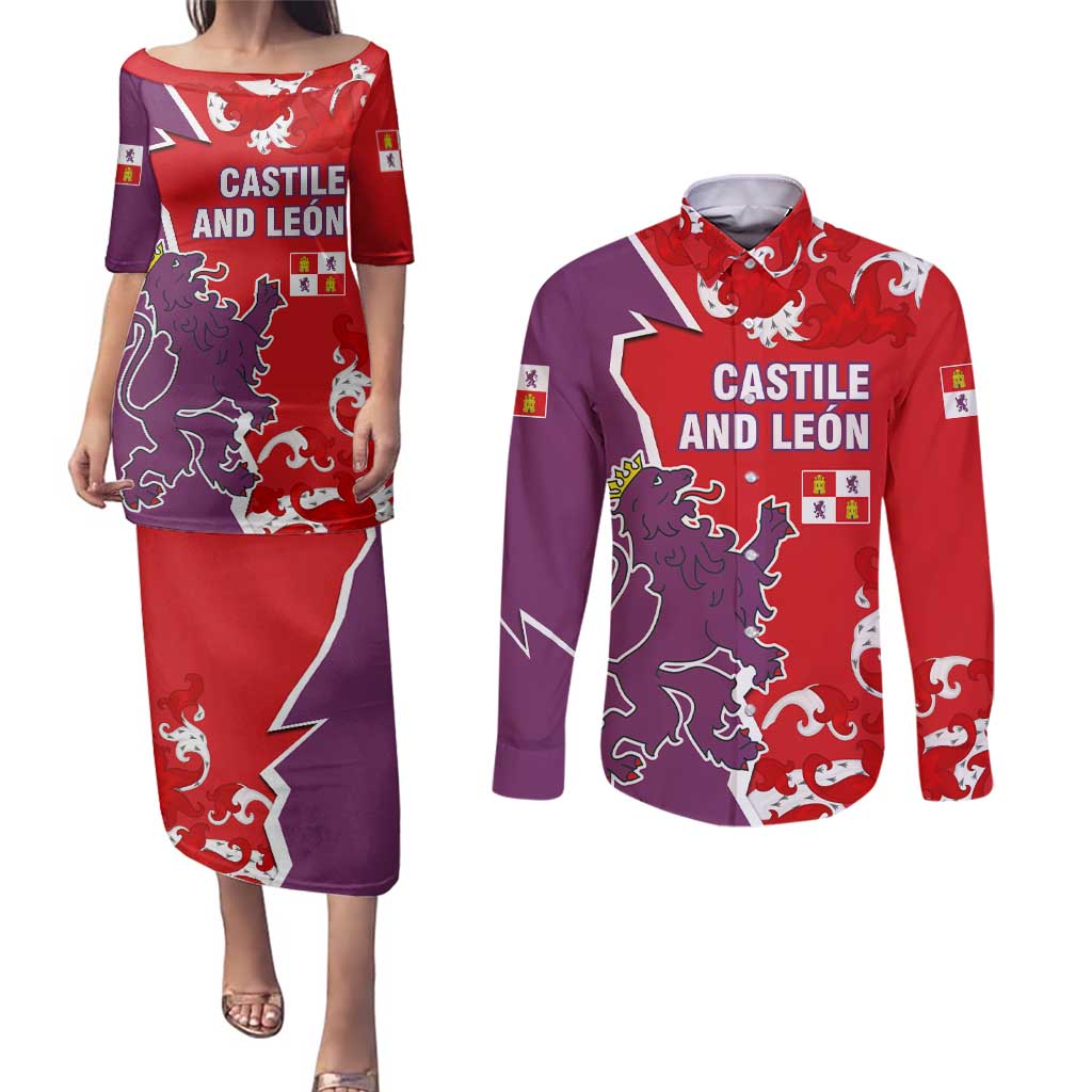 Castile and León Flag Couples Matching Puletasi and Long Sleeve Button Shirt Autonomous Community of Spain - Wonder Print Shop
