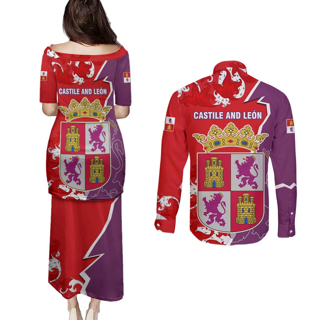 Castile and León Flag Couples Matching Puletasi and Long Sleeve Button Shirt Autonomous Community of Spain - Wonder Print Shop