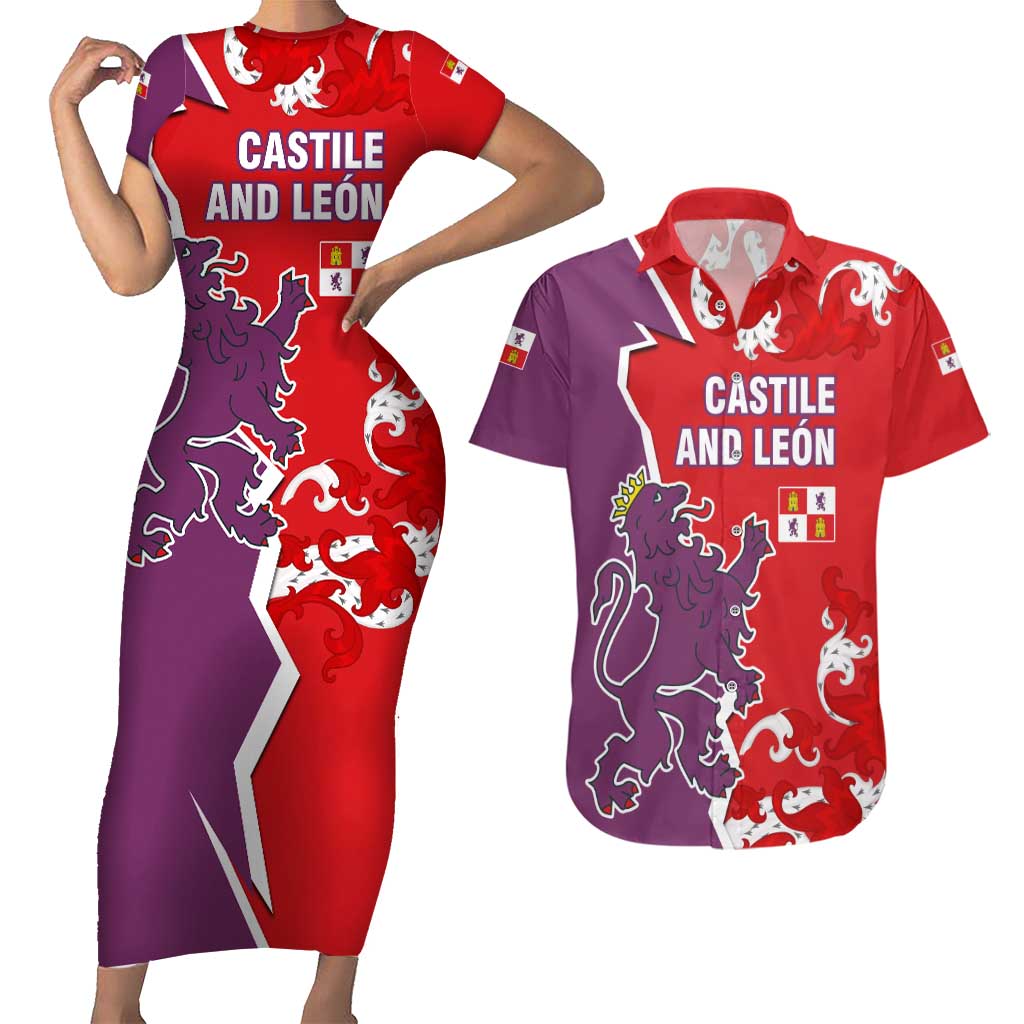 Castile and León Flag Couples Matching Short Sleeve Bodycon Dress and Hawaiian Shirt Autonomous Community of Spain - Wonder Print Shop