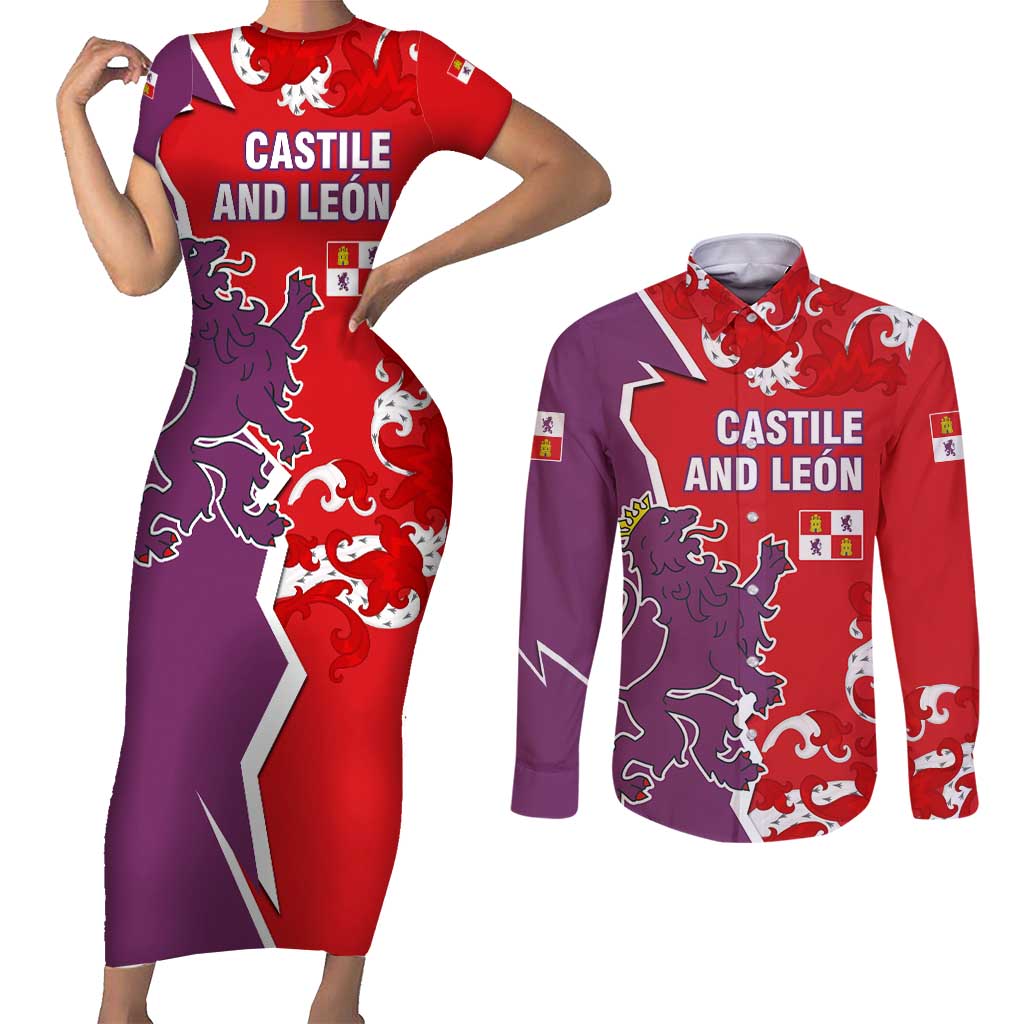 Castile and León Flag Couples Matching Short Sleeve Bodycon Dress and Long Sleeve Button Shirt Autonomous Community of Spain - Wonder Print Shop