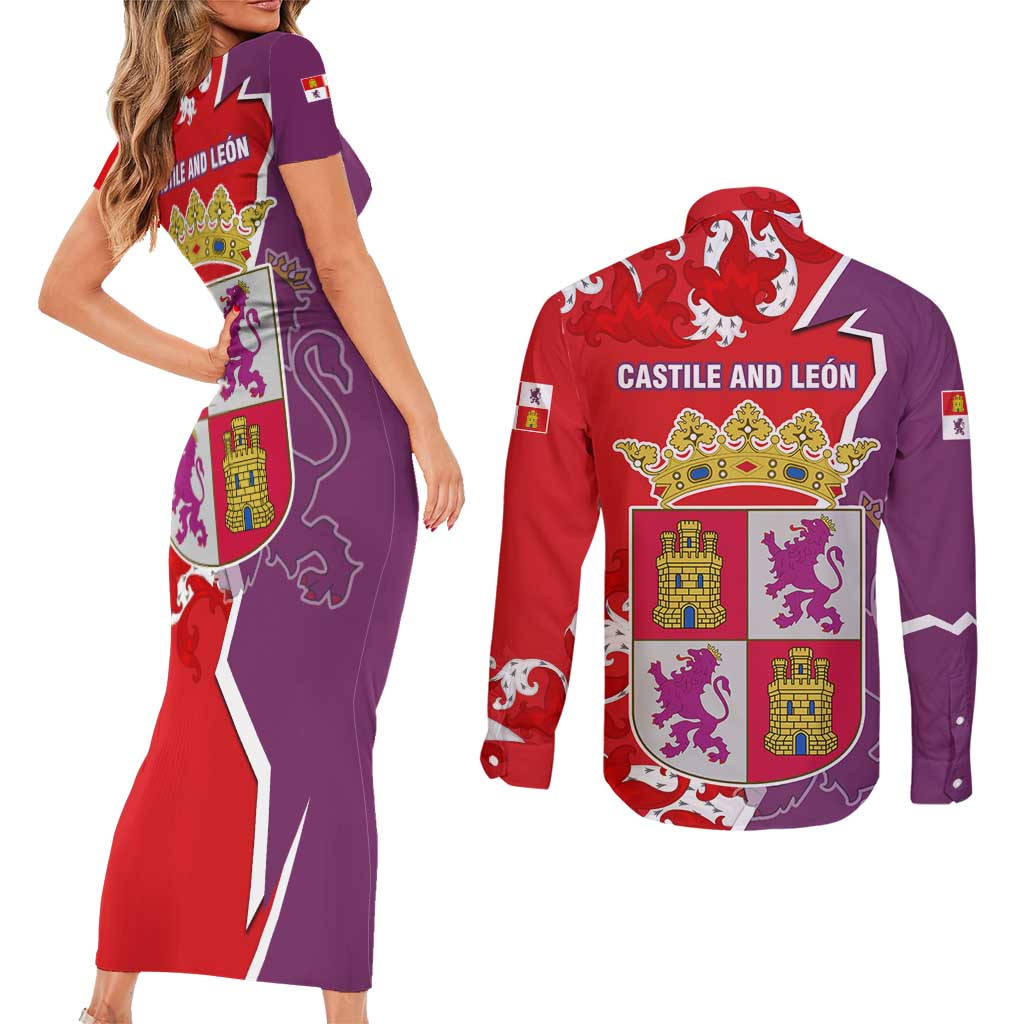 Castile and León Flag Couples Matching Short Sleeve Bodycon Dress and Long Sleeve Button Shirt Autonomous Community of Spain - Wonder Print Shop