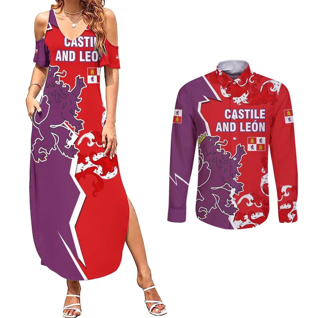 Castile and León Flag Couples Matching Summer Maxi Dress and Long Sleeve Button Shirt Autonomous Community of Spain - Wonder Print Shop