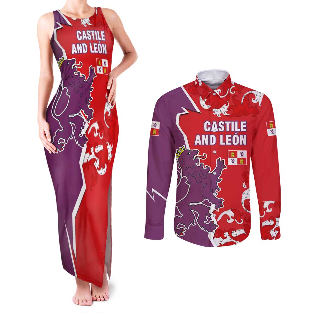 Castile and León Flag Couples Matching Tank Maxi Dress and Long Sleeve Button Shirt Autonomous Community of Spain - Wonder Print Shop
