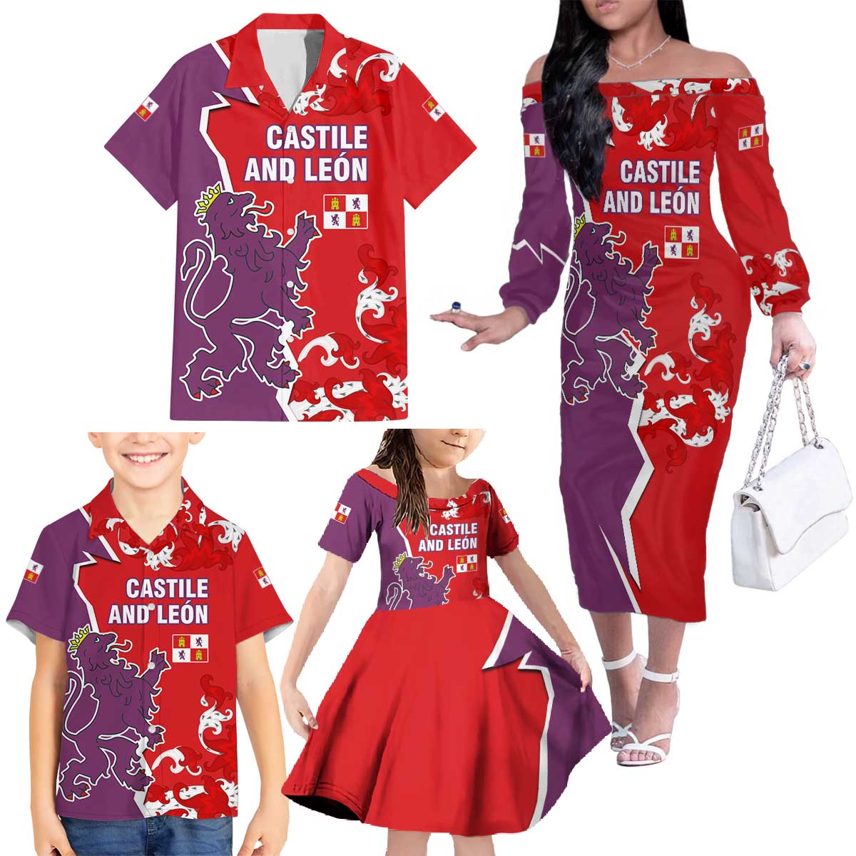 Castile and León Flag Family Matching Off The Shoulder Long Sleeve Dress and Hawaiian Shirt Autonomous Community of Spain - Wonder Print Shop