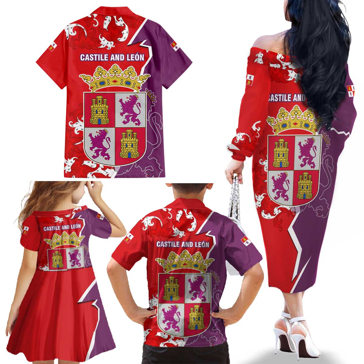 Castile and León Flag Family Matching Off The Shoulder Long Sleeve Dress and Hawaiian Shirt Autonomous Community of Spain - Wonder Print Shop