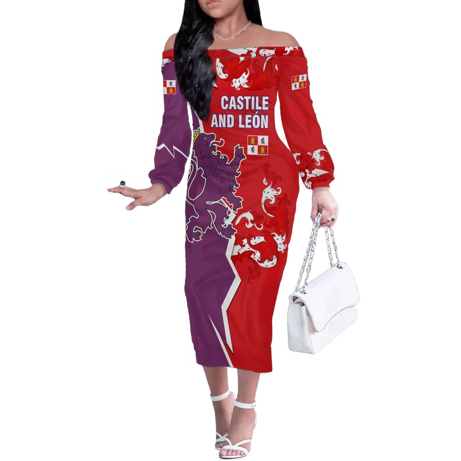 Castile and León Flag Off The Shoulder Long Sleeve Dress Autonomous Community of Spain - Wonder Print Shop