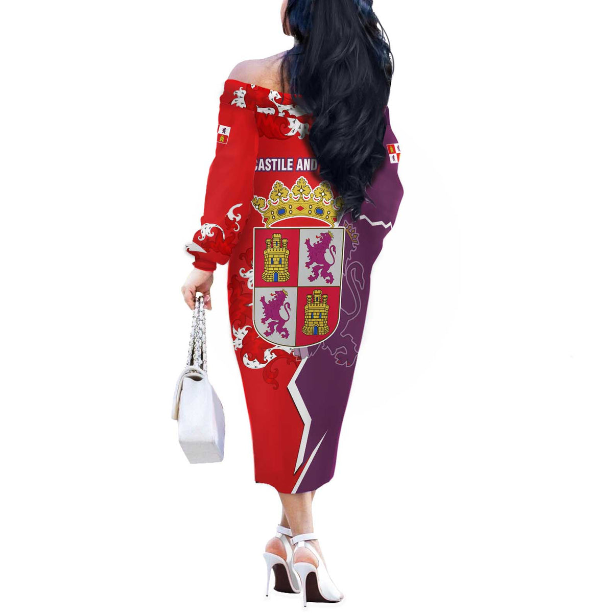 Castile and León Flag Off The Shoulder Long Sleeve Dress Autonomous Community of Spain - Wonder Print Shop