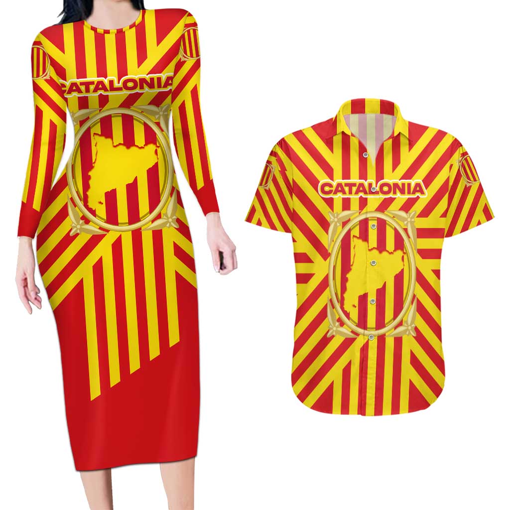 Catalonia Flag Couples Matching Long Sleeve Bodycon Dress and Hawaiian Shirt Autonomous Community of Spain - Wonder Print Shop