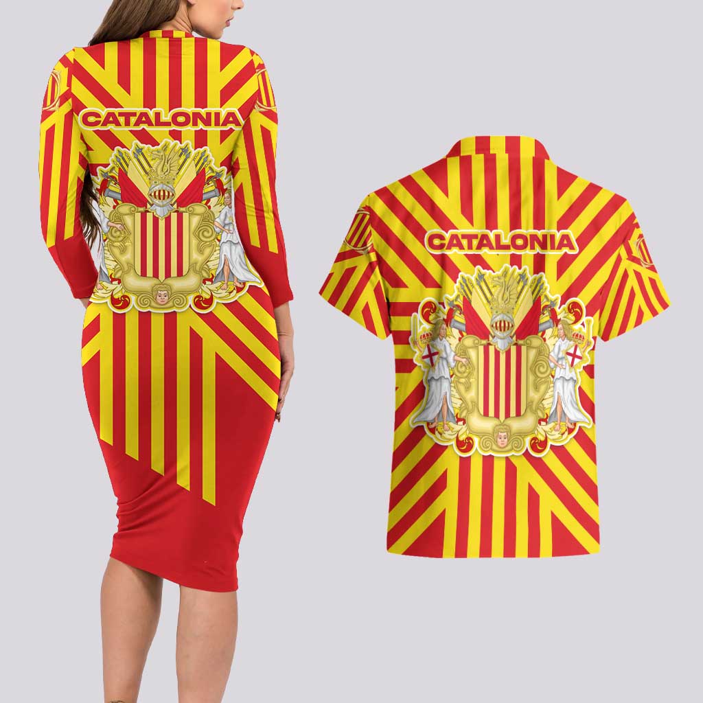 Catalonia Flag Couples Matching Long Sleeve Bodycon Dress and Hawaiian Shirt Autonomous Community of Spain - Wonder Print Shop