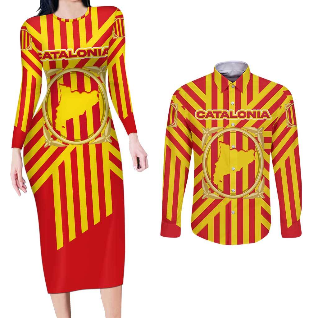 Catalonia Flag Couples Matching Long Sleeve Bodycon Dress and Long Sleeve Button Shirt Autonomous Community of Spain - Wonder Print Shop
