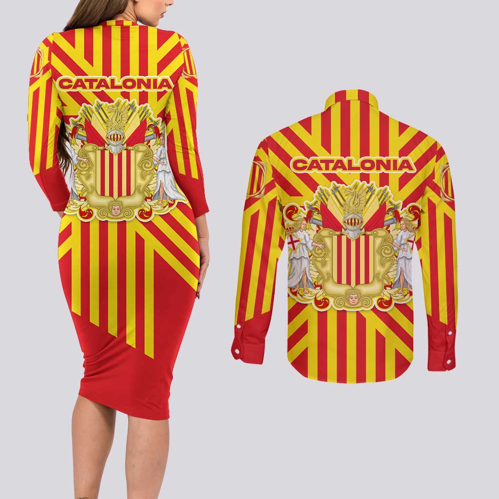 Catalonia Flag Couples Matching Long Sleeve Bodycon Dress and Long Sleeve Button Shirt Autonomous Community of Spain - Wonder Print Shop