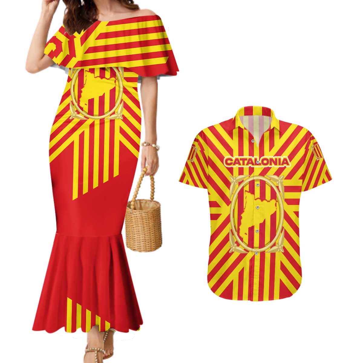 Catalonia Flag Couples Matching Mermaid Dress and Hawaiian Shirt Autonomous Community of Spain - Wonder Print Shop