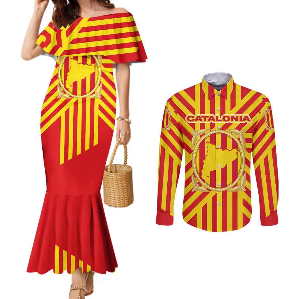 Catalonia Flag Couples Matching Mermaid Dress and Long Sleeve Button Shirt Autonomous Community of Spain - Wonder Print Shop