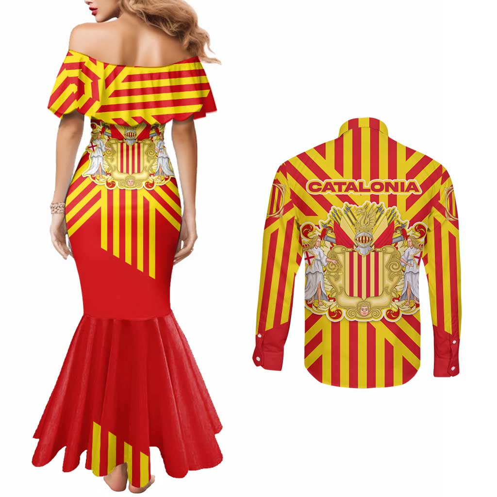 Catalonia Flag Couples Matching Mermaid Dress and Long Sleeve Button Shirt Autonomous Community of Spain - Wonder Print Shop