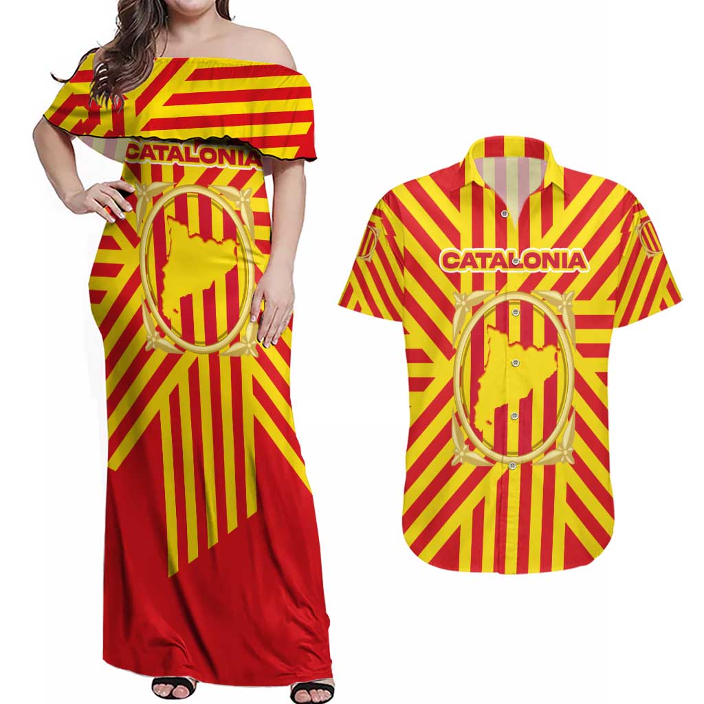 Catalonia Flag Couples Matching Off Shoulder Maxi Dress and Hawaiian Shirt Autonomous Community of Spain - Wonder Print Shop