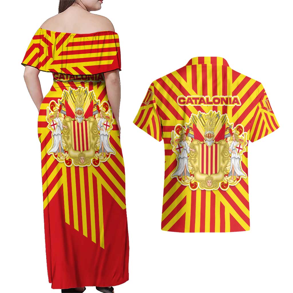 Catalonia Flag Couples Matching Off Shoulder Maxi Dress and Hawaiian Shirt Autonomous Community of Spain - Wonder Print Shop