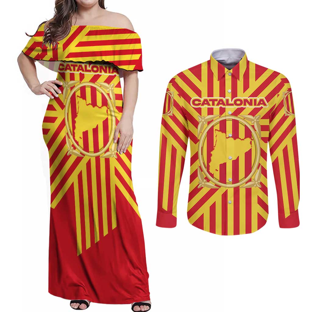 Catalonia Flag Couples Matching Off Shoulder Maxi Dress and Long Sleeve Button Shirt Autonomous Community of Spain - Wonder Print Shop