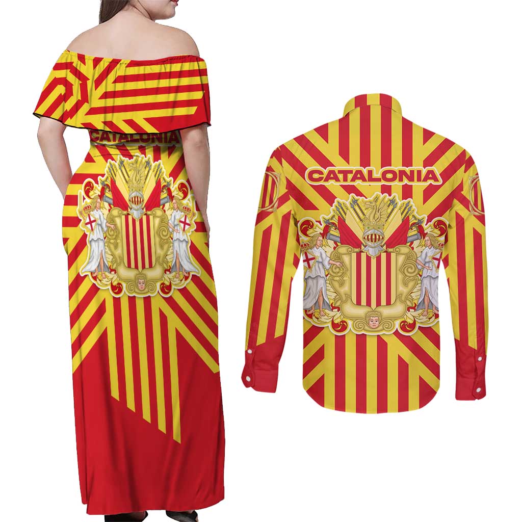 Catalonia Flag Couples Matching Off Shoulder Maxi Dress and Long Sleeve Button Shirt Autonomous Community of Spain - Wonder Print Shop