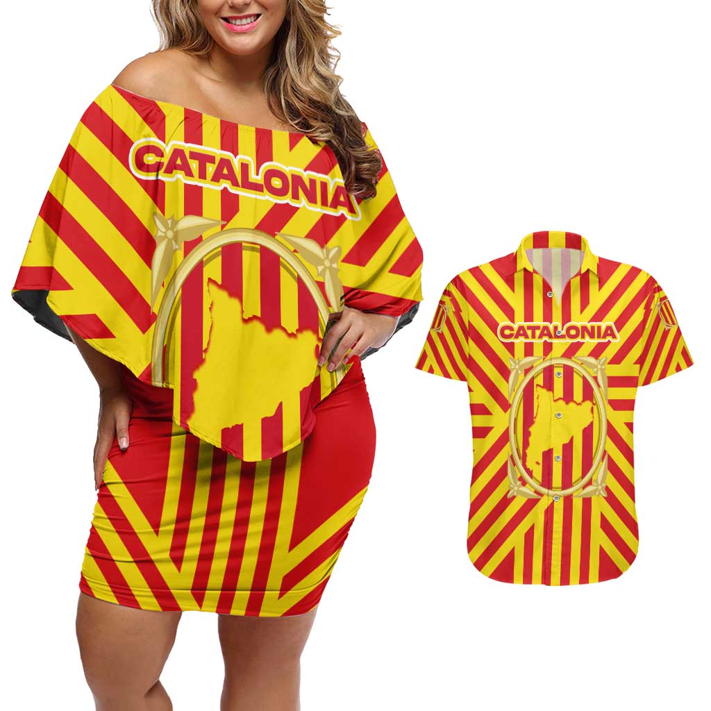 Catalonia Flag Couples Matching Off Shoulder Short Dress and Hawaiian Shirt Autonomous Community of Spain - Wonder Print Shop