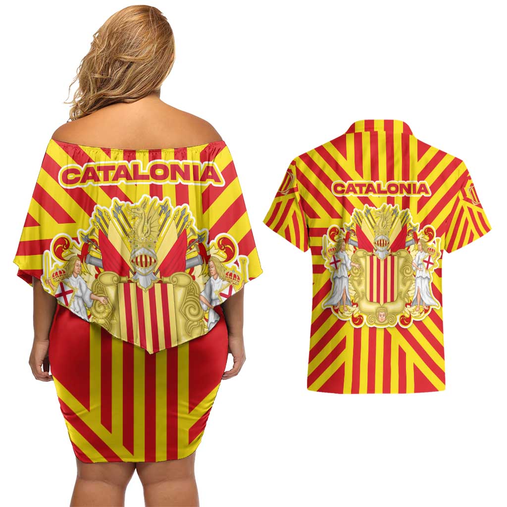 Catalonia Flag Couples Matching Off Shoulder Short Dress and Hawaiian Shirt Autonomous Community of Spain - Wonder Print Shop