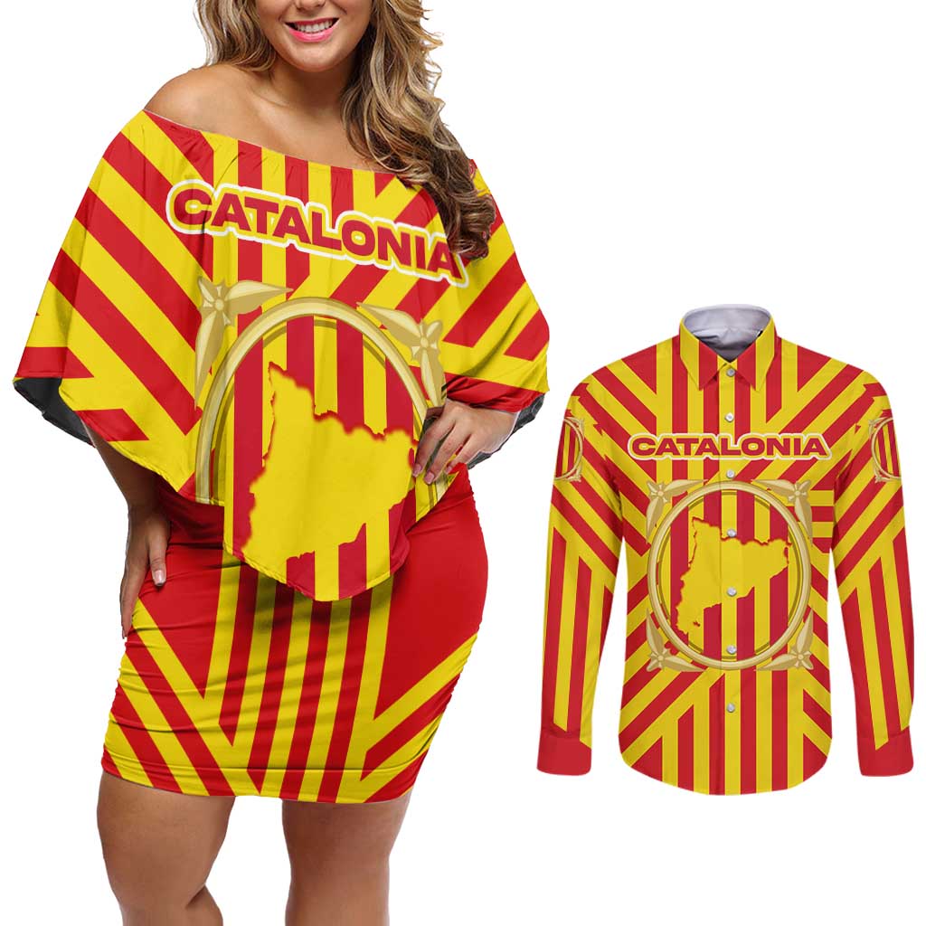 Catalonia Flag Couples Matching Off Shoulder Short Dress and Long Sleeve Button Shirt Autonomous Community of Spain - Wonder Print Shop