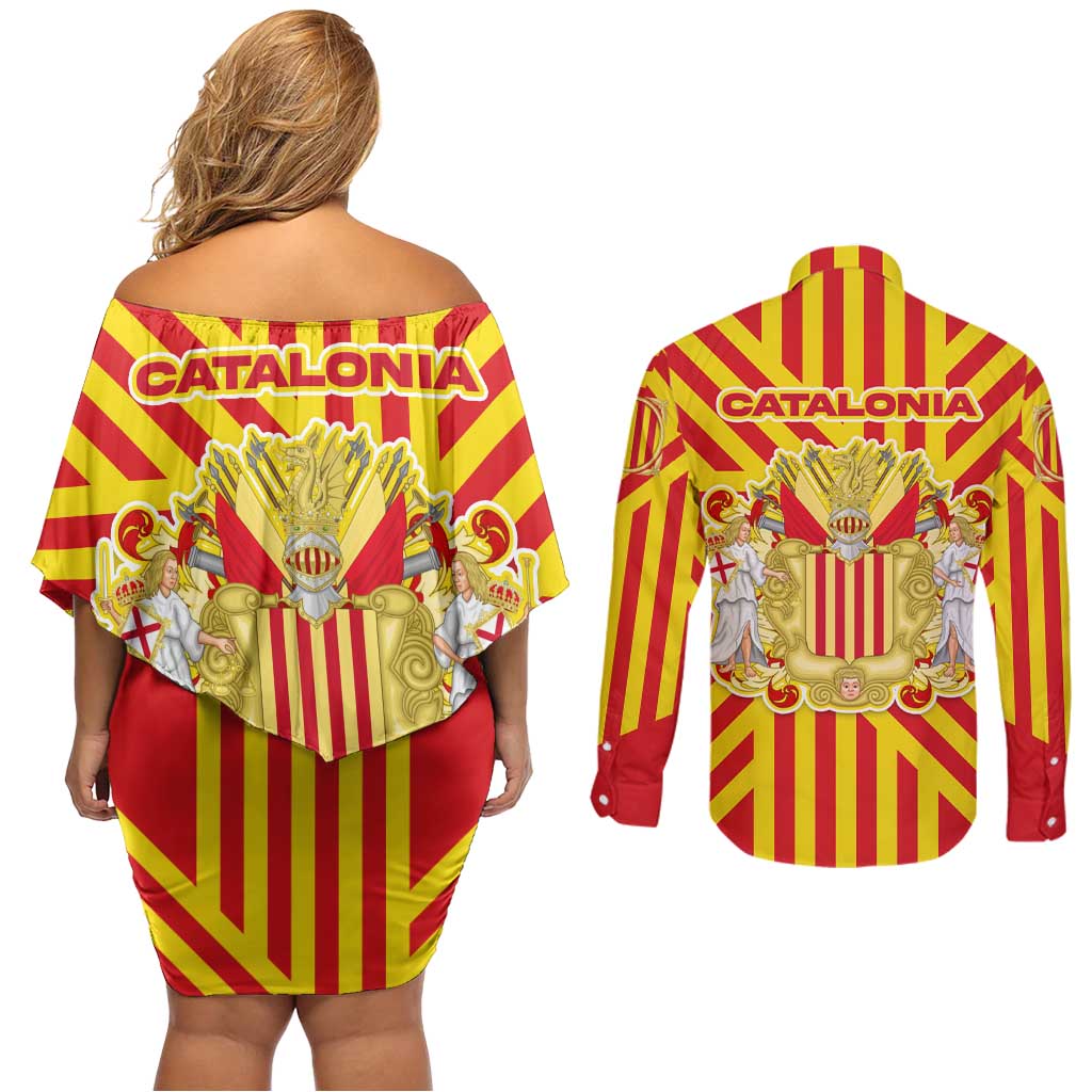 Catalonia Flag Couples Matching Off Shoulder Short Dress and Long Sleeve Button Shirt Autonomous Community of Spain - Wonder Print Shop