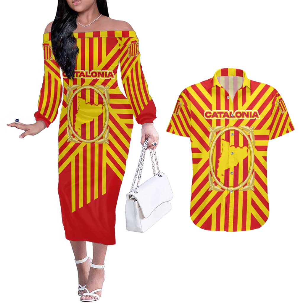 Catalonia Flag Couples Matching Off The Shoulder Long Sleeve Dress and Hawaiian Shirt Autonomous Community of Spain - Wonder Print Shop