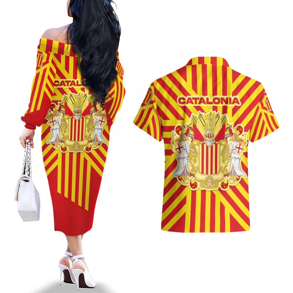 Catalonia Flag Couples Matching Off The Shoulder Long Sleeve Dress and Hawaiian Shirt Autonomous Community of Spain - Wonder Print Shop