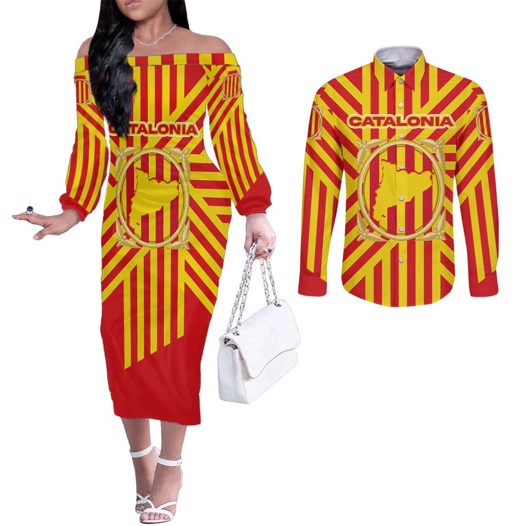 Catalonia Flag Couples Matching Off The Shoulder Long Sleeve Dress and Long Sleeve Button Shirt Autonomous Community of Spain - Wonder Print Shop
