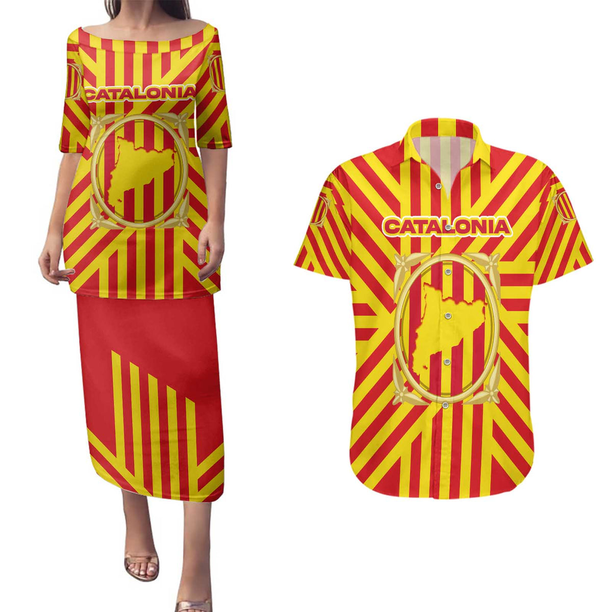 Catalonia Flag Couples Matching Puletasi and Hawaiian Shirt Autonomous Community of Spain - Wonder Print Shop