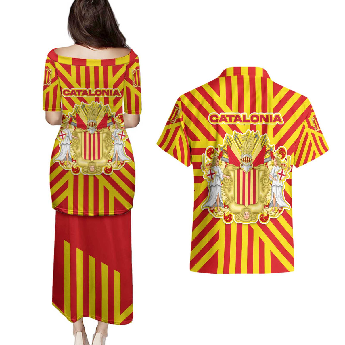 Catalonia Flag Couples Matching Puletasi and Hawaiian Shirt Autonomous Community of Spain - Wonder Print Shop