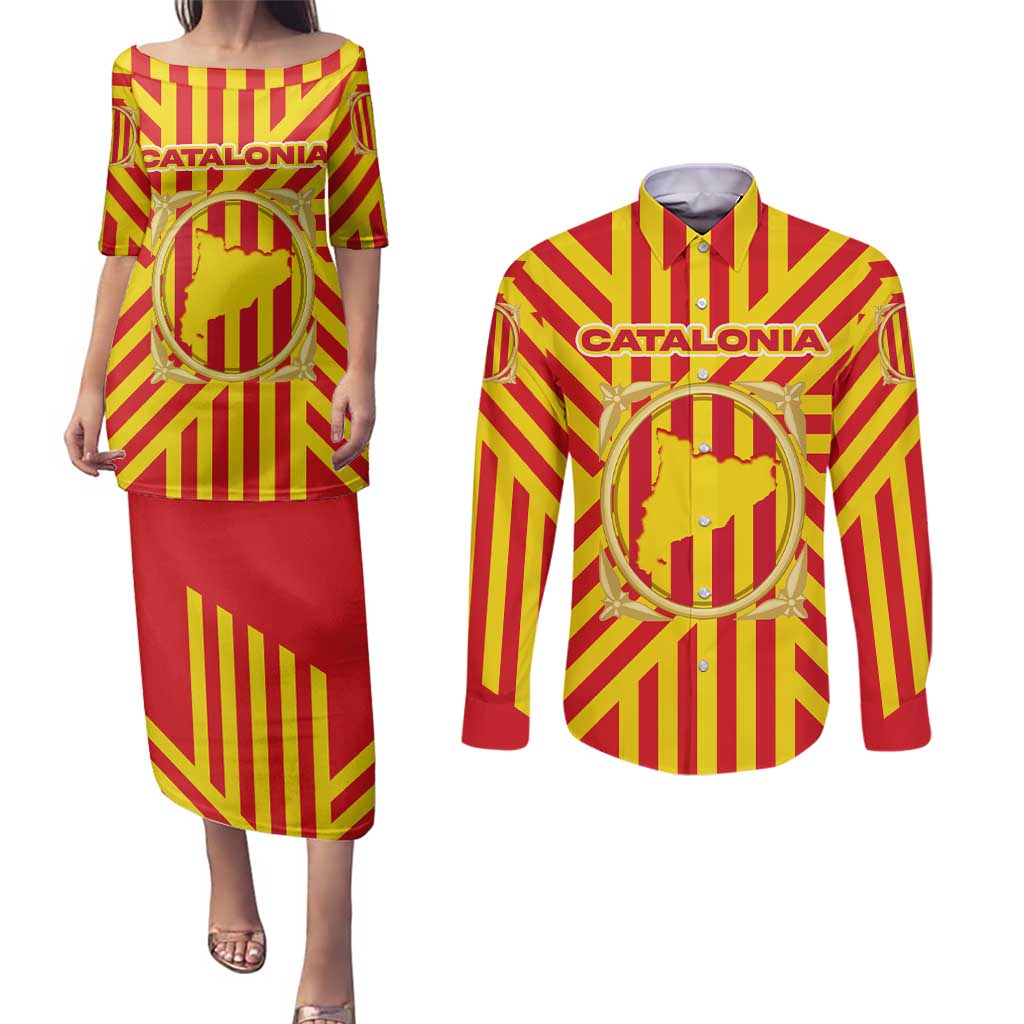 Catalonia Flag Couples Matching Puletasi and Long Sleeve Button Shirt Autonomous Community of Spain - Wonder Print Shop